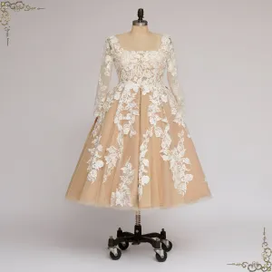Vintage Champagne Short Lace Wedding Dress with Sleeves | GLEN