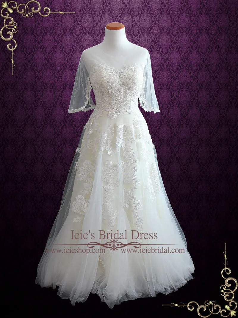 Vintage Lace Tulle Wedding Dress with Half Sleeves | SOPHIA