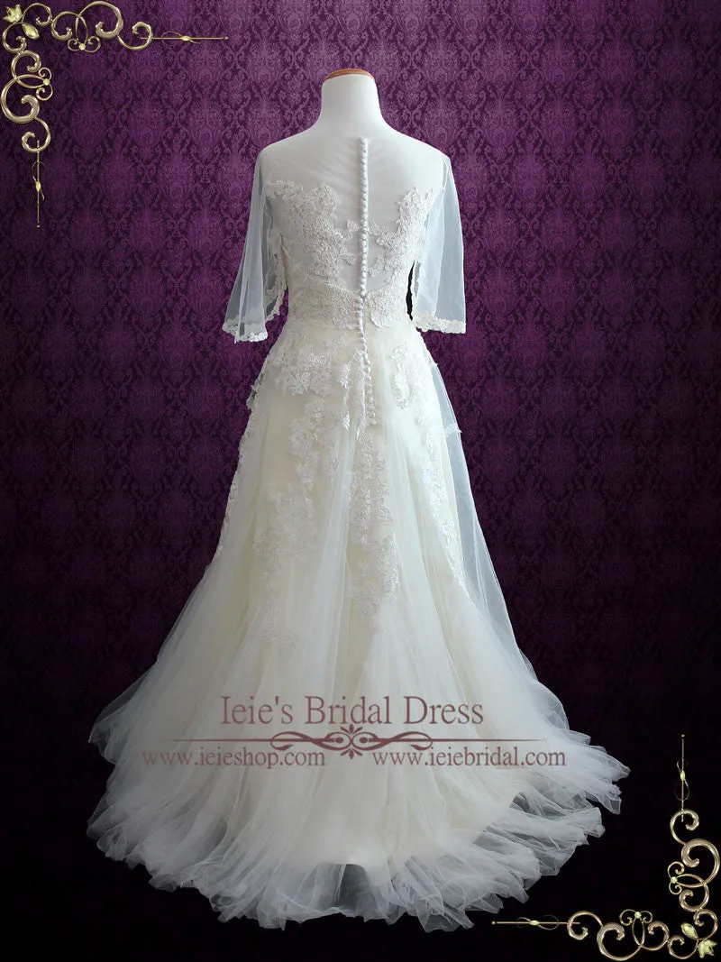 Vintage Lace Tulle Wedding Dress with Half Sleeves | SOPHIA