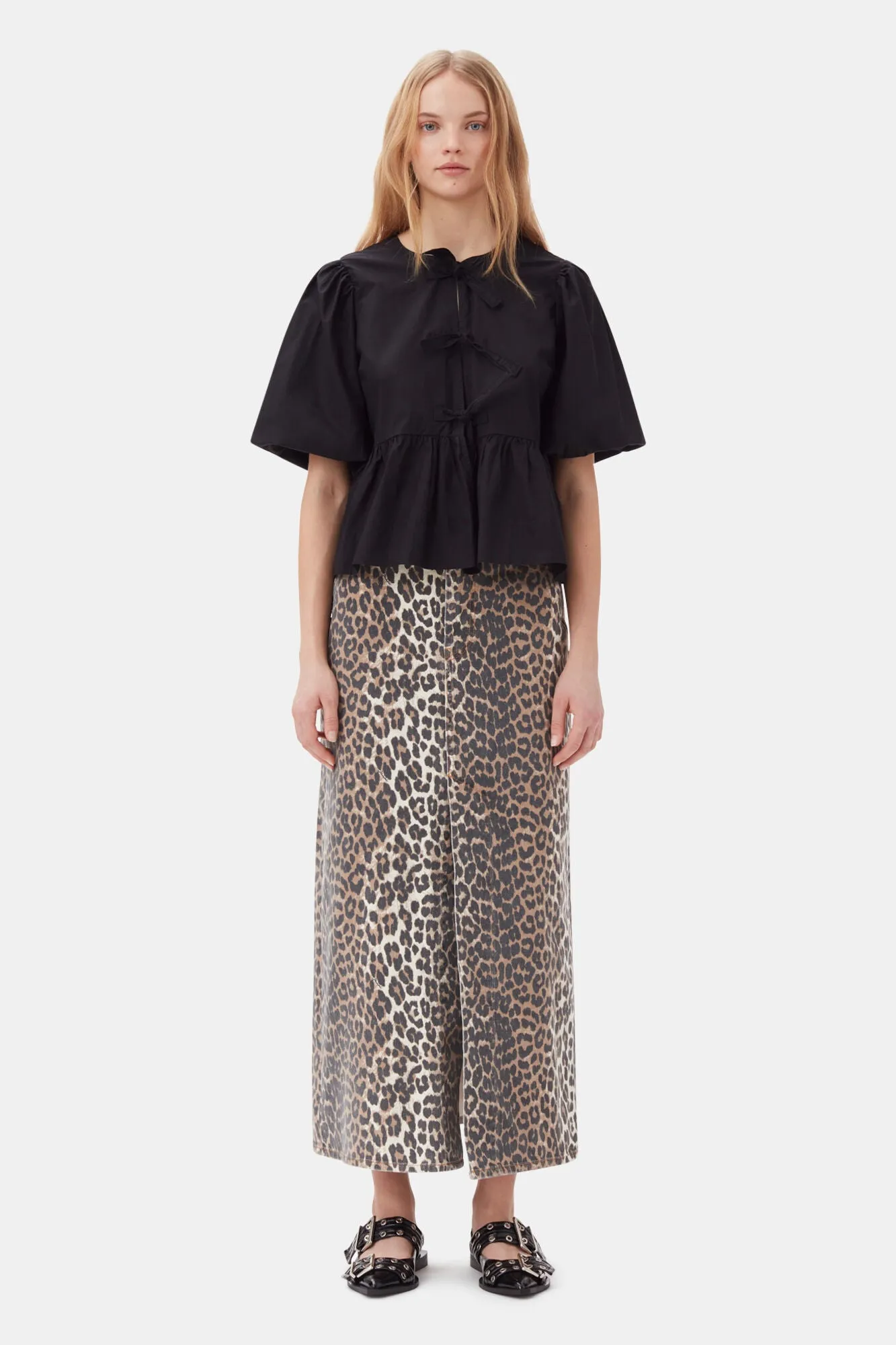 WASHED STRETCH COTTON TIE STRAP BLOUSE