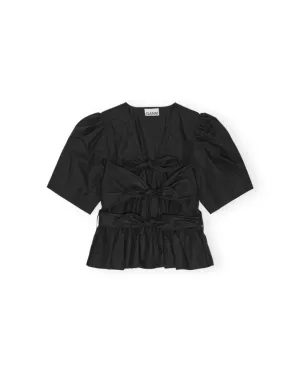 WASHED STRETCH COTTON TIE STRAP BLOUSE