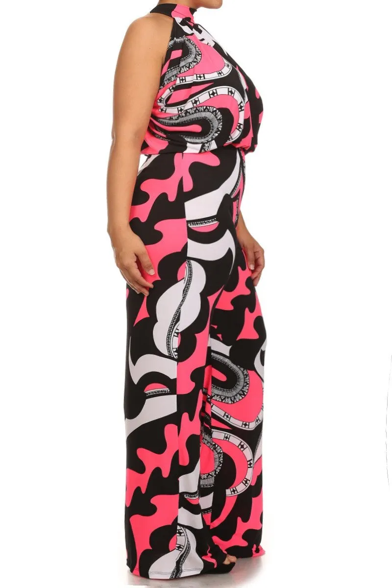 Wavy Sexy Sleeveless Wide Leg Plus Size Jumpsuit