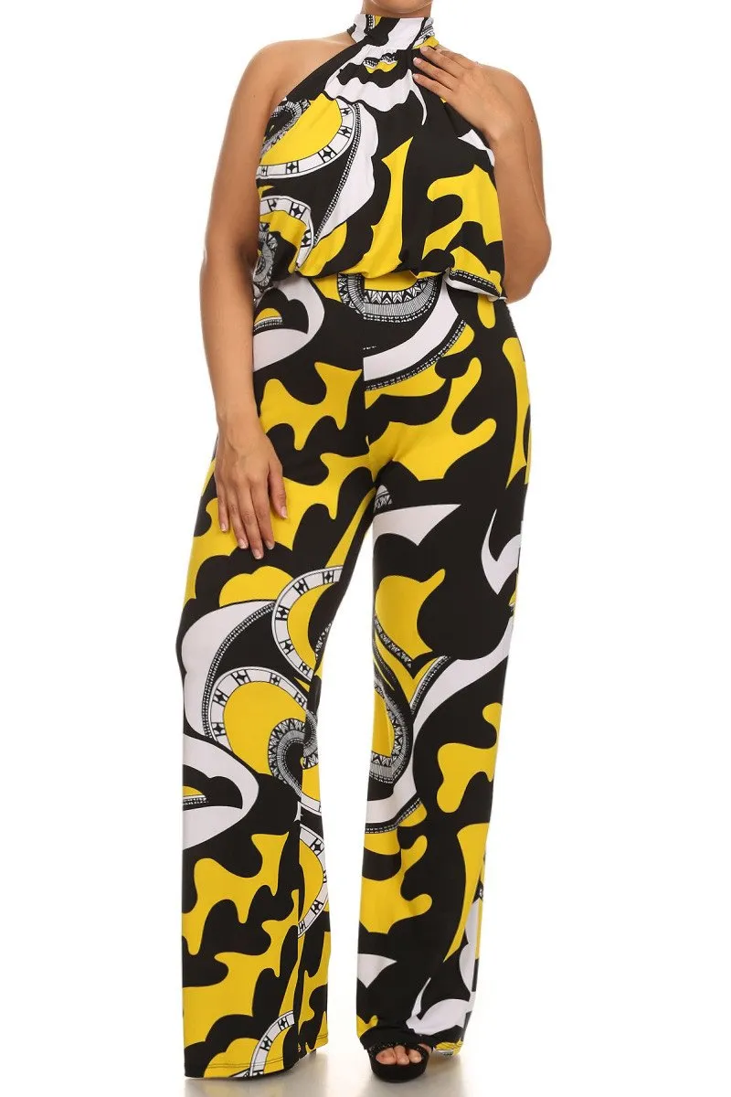 Wavy Sexy Sleeveless Wide Leg Plus Size Jumpsuit