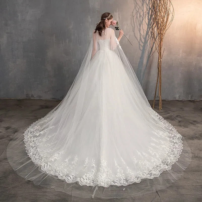 Wedding Dress With Long Cap Lace Wedding Gown With Long Train Embroidery Princess Plus Size Bridal Dress