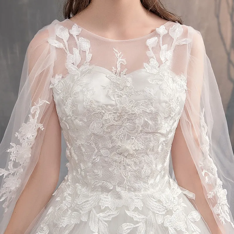 Wedding Dress With Long Cap Lace Wedding Gown With Long Train Embroidery Princess Plus Size Bridal Dress