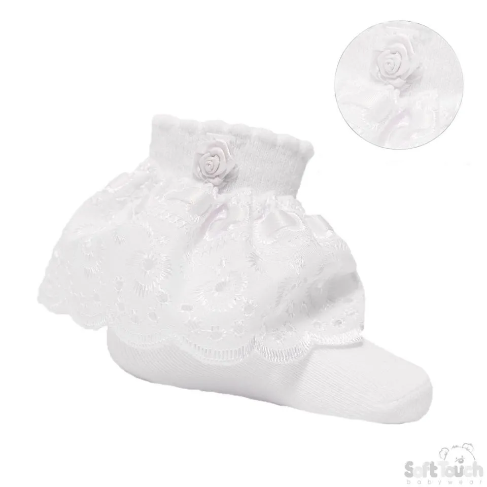 WHITE ANKLE SOCKS W/ LACE & ROSE (0-24 Months) S322-W