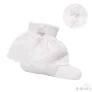 WHITE ANKLE SOCKS W/ LACE & ROSE (0-24 Months) S322-W