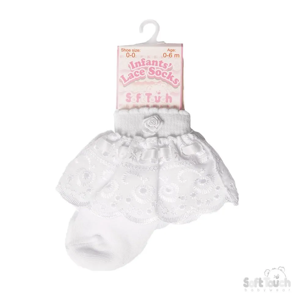 WHITE ANKLE SOCKS W/ LACE & ROSE (0-24 Months) S322-W