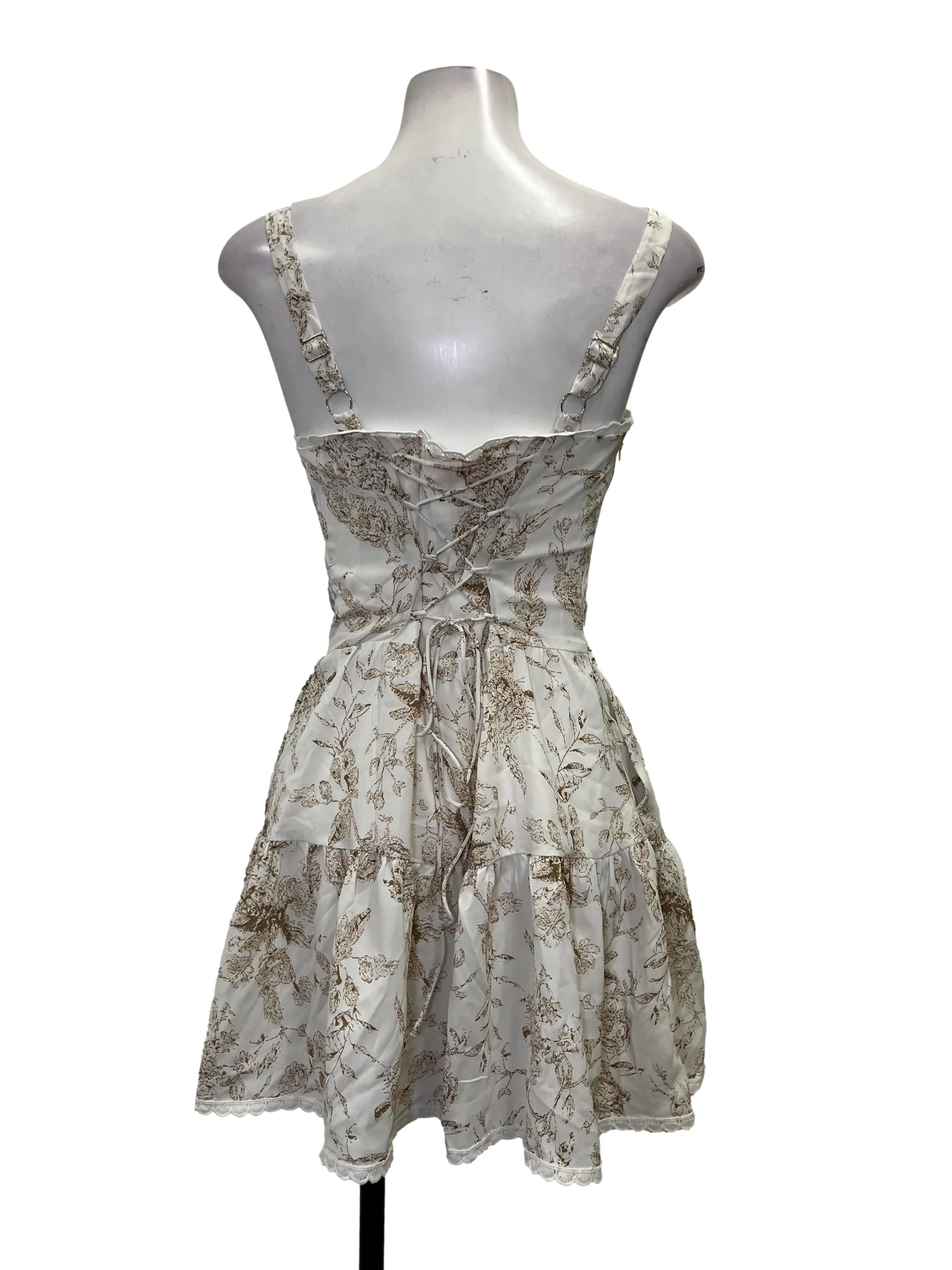 White Brown Floral Lace Trim Romper