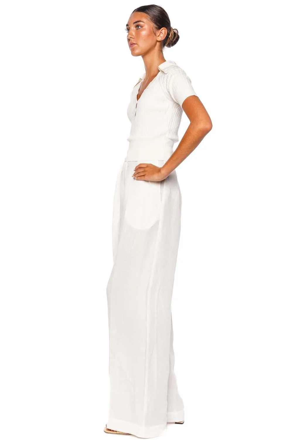 White Button Pleated Wide Leg Trouser