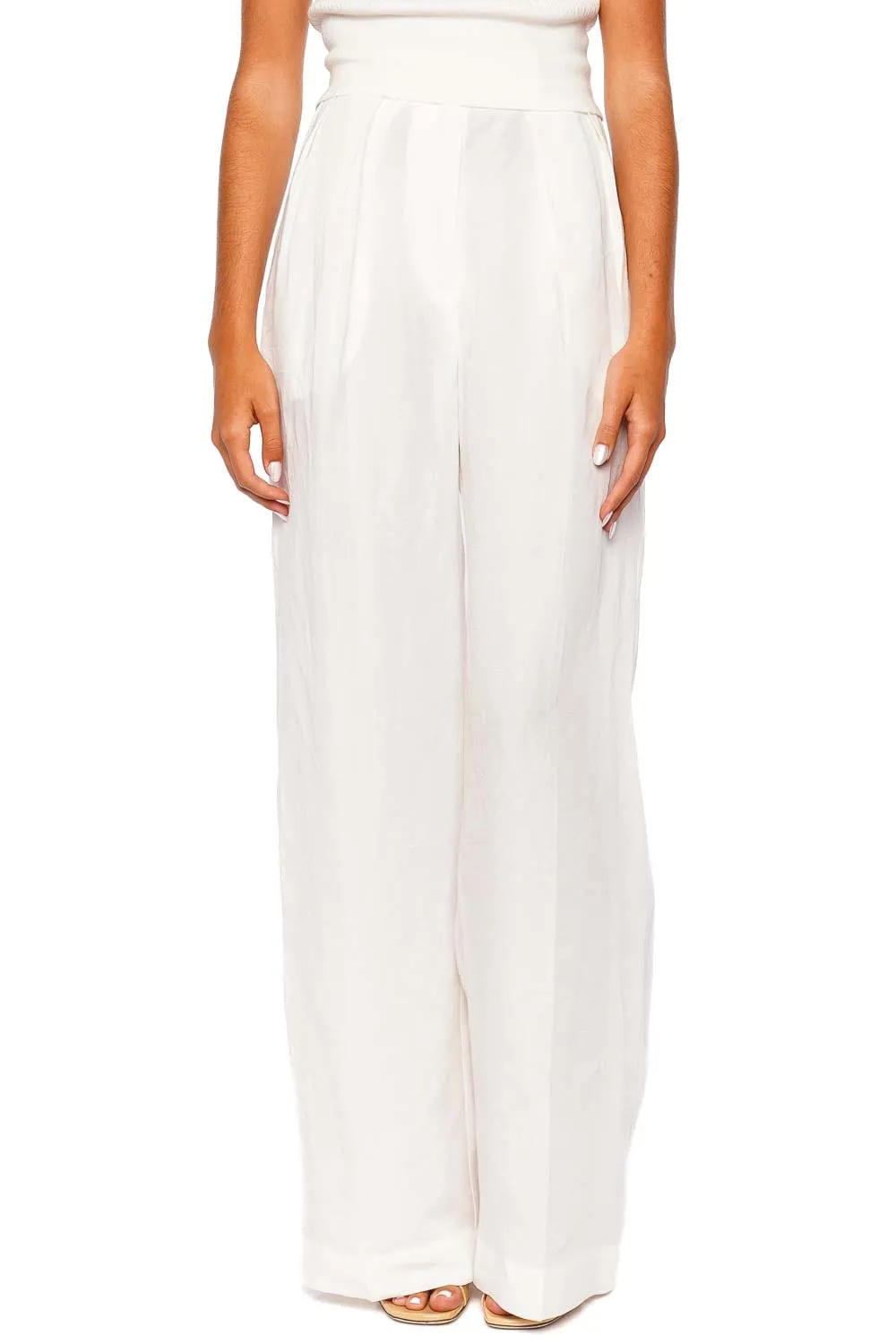 White Button Pleated Wide Leg Trouser