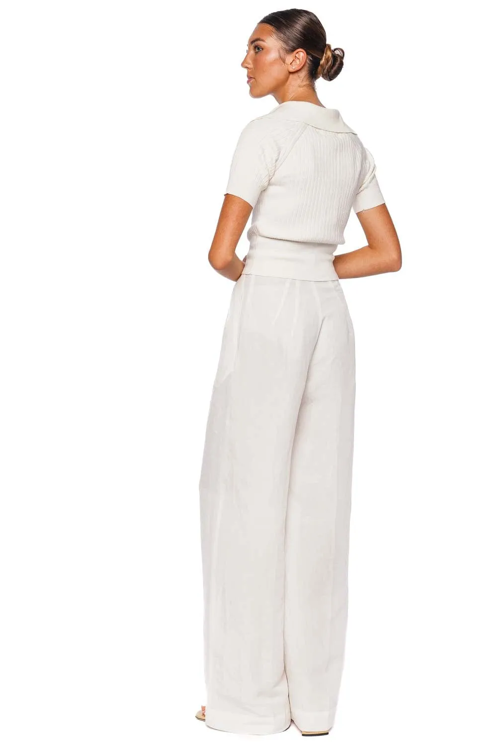 White Button Pleated Wide Leg Trouser