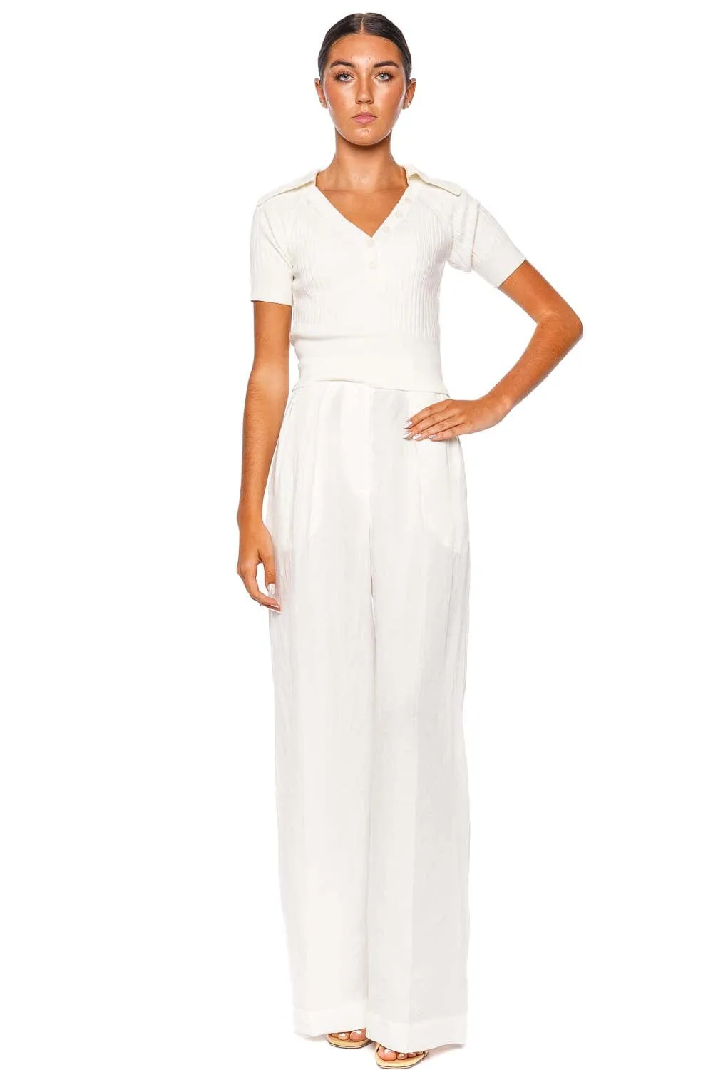 White Button Pleated Wide Leg Trouser