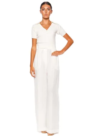White Button Pleated Wide Leg Trouser