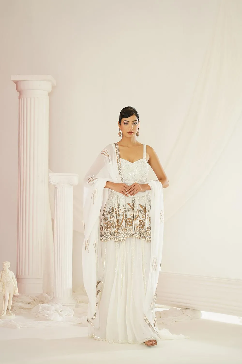 White Embroidered Sharara Set With Pelpum And Dupatta