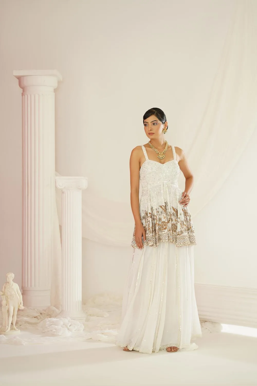 White Embroidered Sharara Set With Pelpum And Dupatta