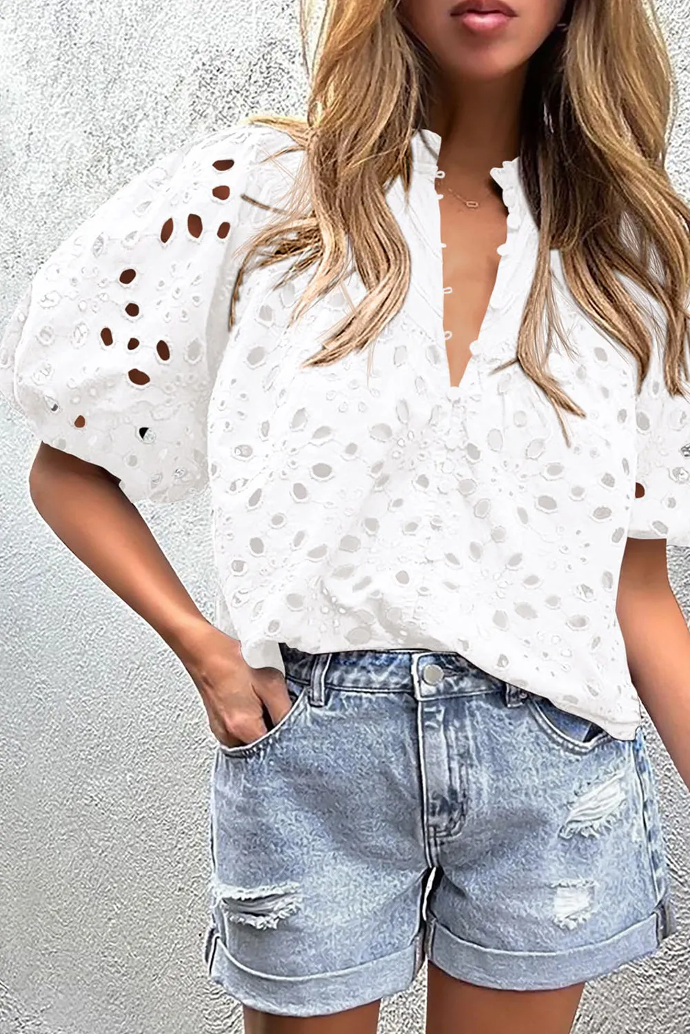 White Hollow-out Flower Embroidered Short Puff Sleeve Blouse