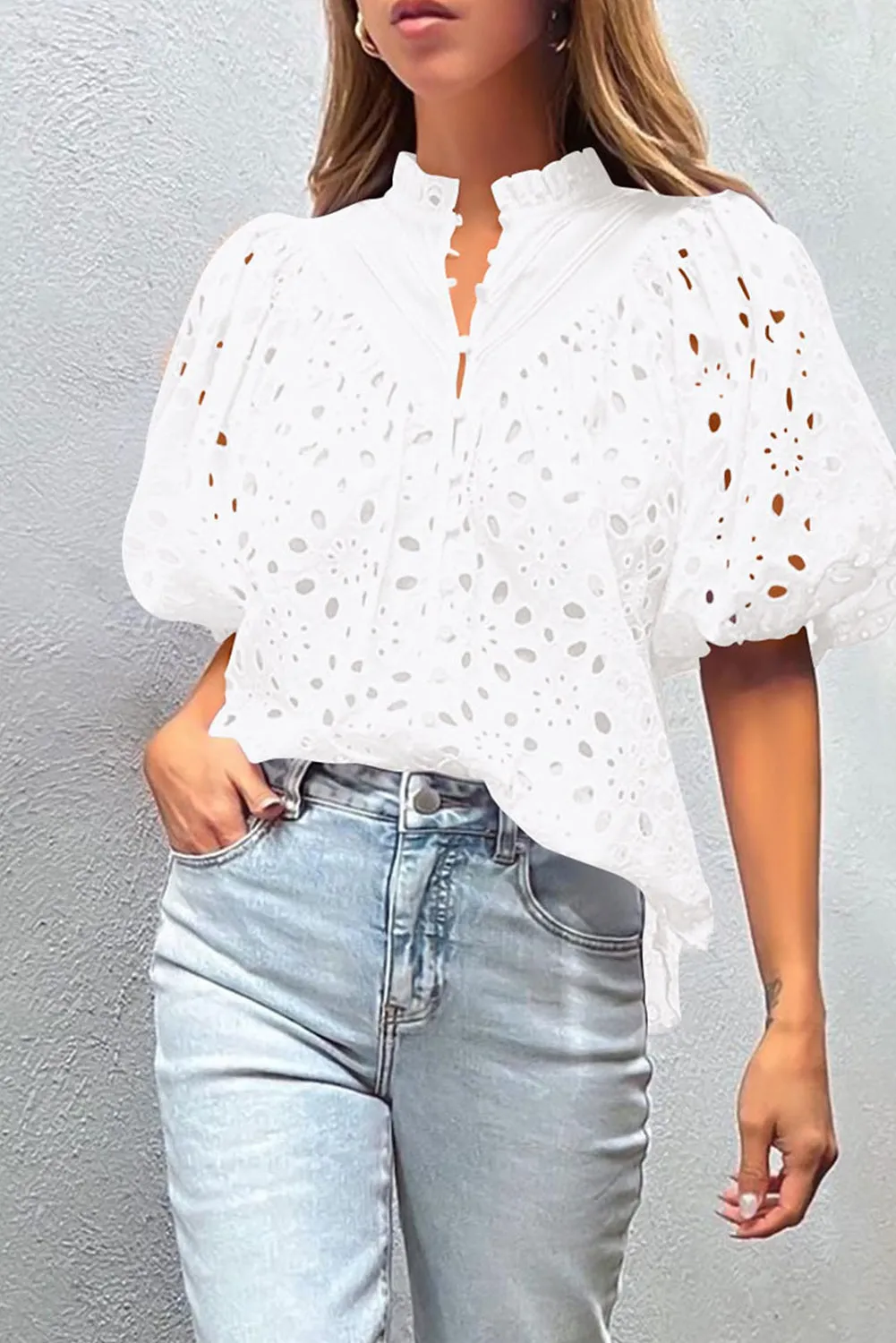 White Hollow-out Flower Embroidered Short Puff Sleeve Blouse