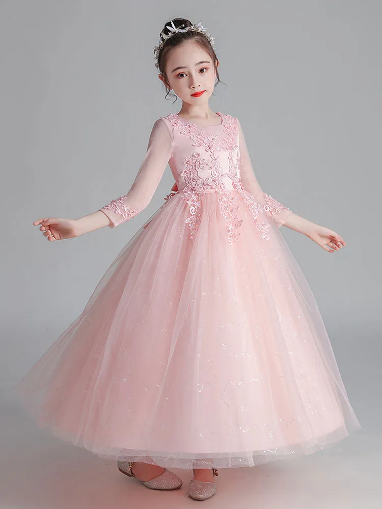 White Jewel Neck Tulle Polyester Lace Embroidered Formal Kids Pageant flower girl dresses