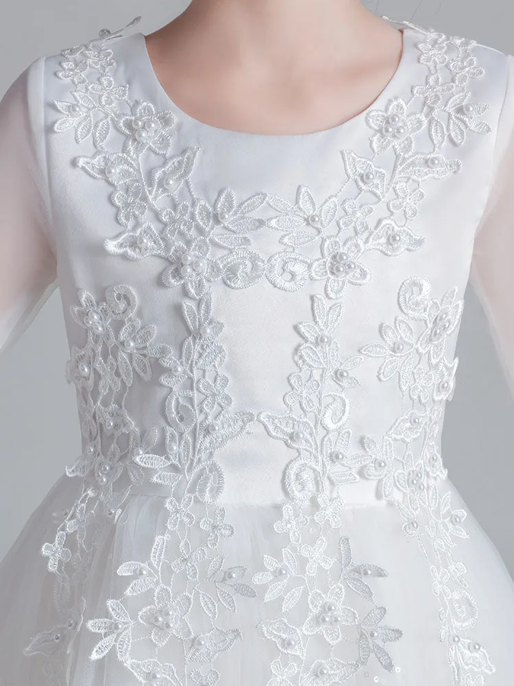 White Jewel Neck Tulle Polyester Lace Embroidered Formal Kids Pageant flower girl dresses