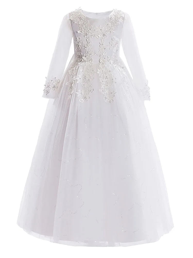 White Jewel Neck Tulle Polyester Lace Embroidered Formal Kids Pageant flower girl dresses