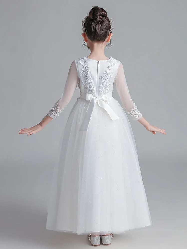 White Jewel Neck Tulle Polyester Lace Embroidered Formal Kids Pageant flower girl dresses