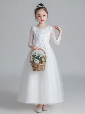 White Jewel Neck Tulle Polyester Lace Embroidered Formal Kids Pageant flower girl dresses