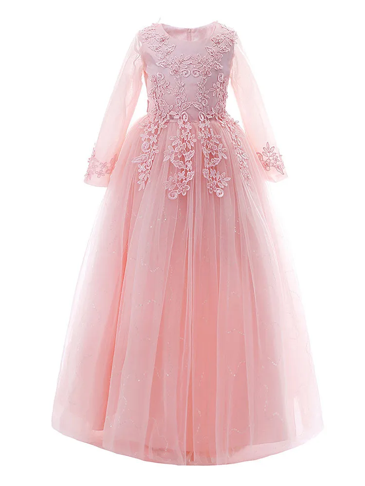 White Jewel Neck Tulle Polyester Lace Embroidered Formal Kids Pageant flower girl dresses