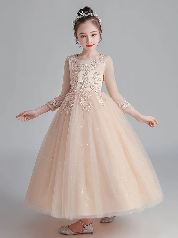 White Jewel Neck Tulle Polyester Lace Embroidered Formal Kids Pageant flower girl dresses