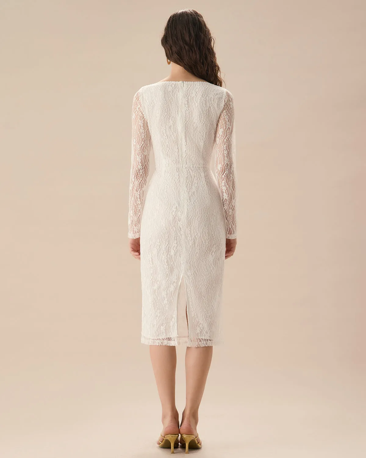 White Lace Boat Neck Slit Midi Dress