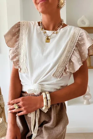 White Lace Patched Embroidered Ruffled Sleeve Tee