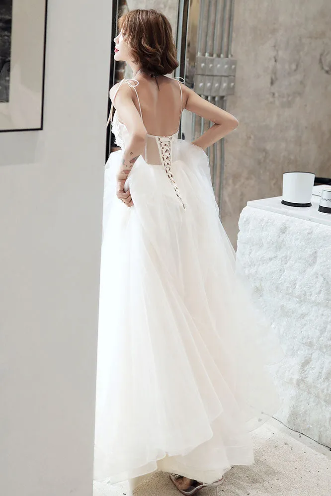 White lace tulle long prom dress white tulle lone evening dress