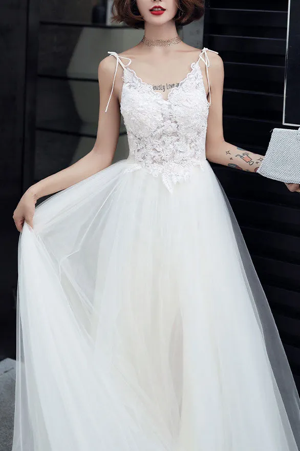 White lace tulle long prom dress white tulle lone evening dress