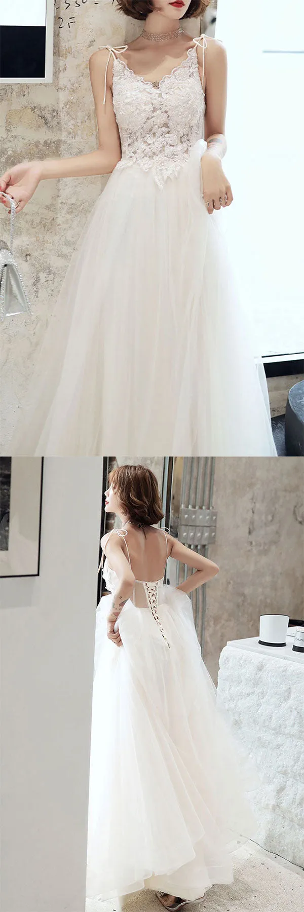 White lace tulle long prom dress white tulle lone evening dress