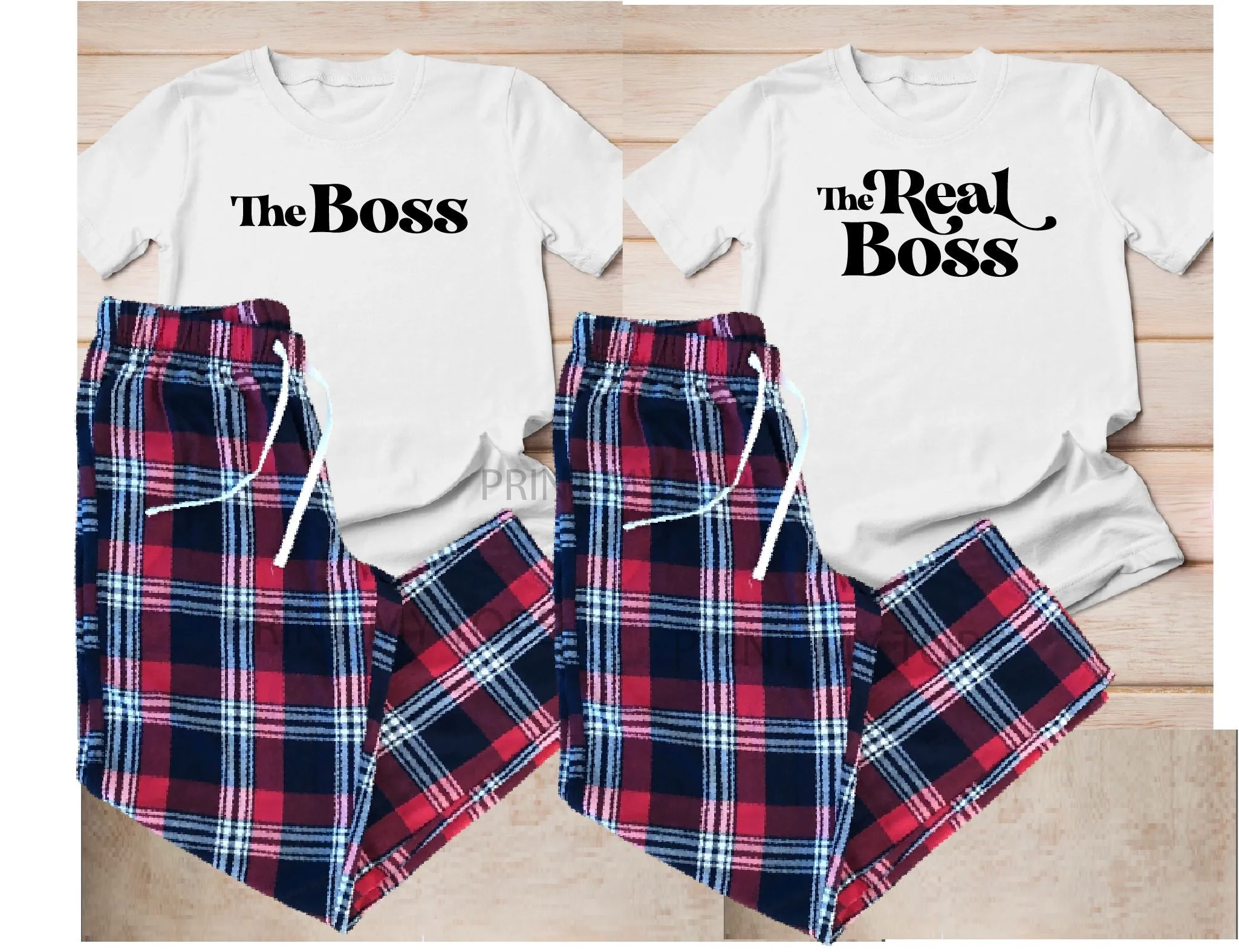 White Matching His & Hers Boss Real Boss Tartan Pyjamas