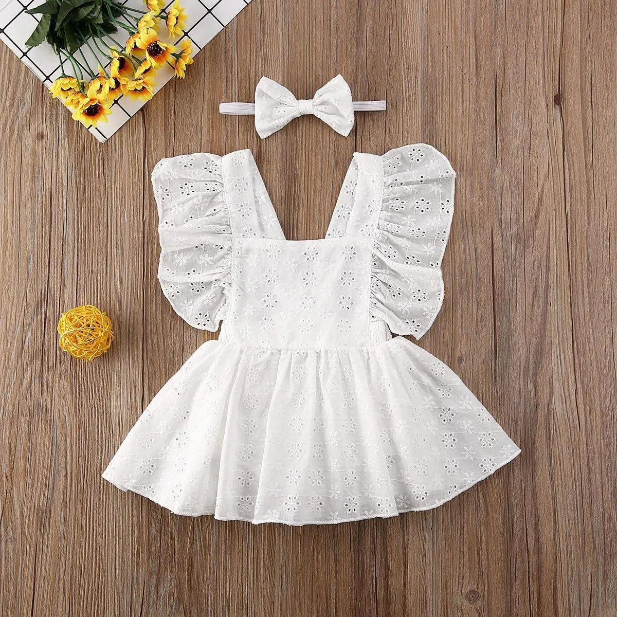 White Ruffle Romper Dress & Headband