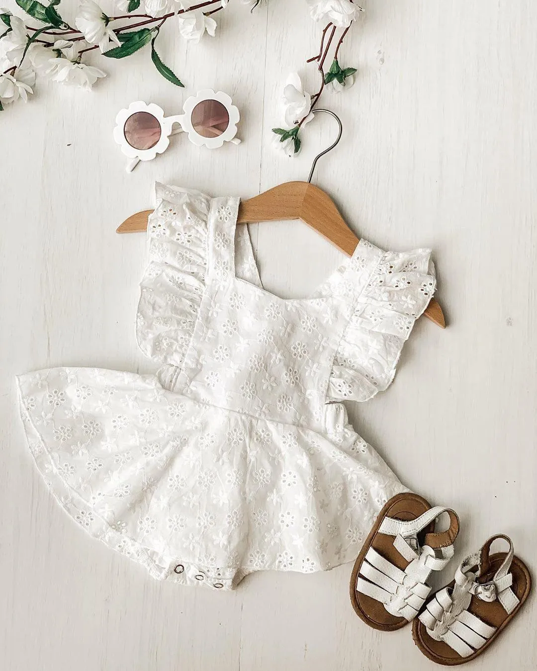 White Ruffle Romper Dress & Headband