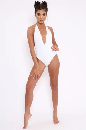 White Sequin Deep Plunge Halterneck Swimsuit - Katniss
