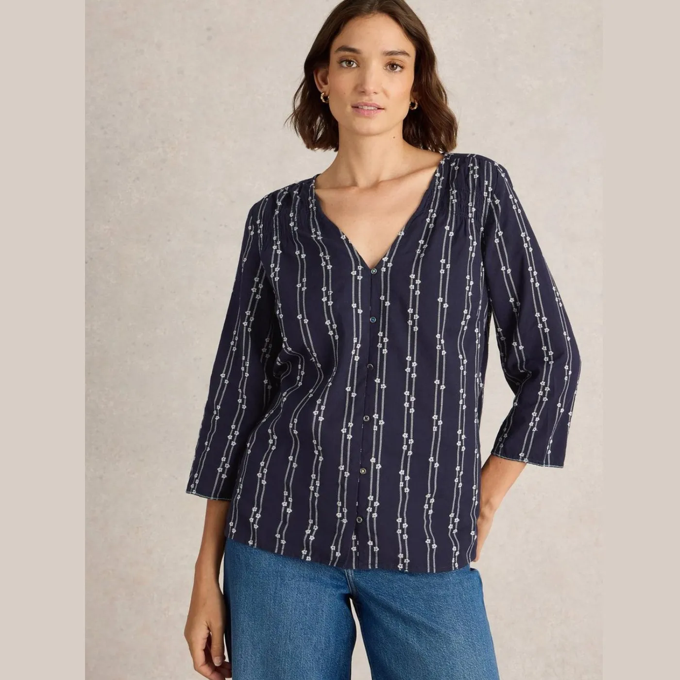 White Stuff Rae Navy Multi Cotton Top