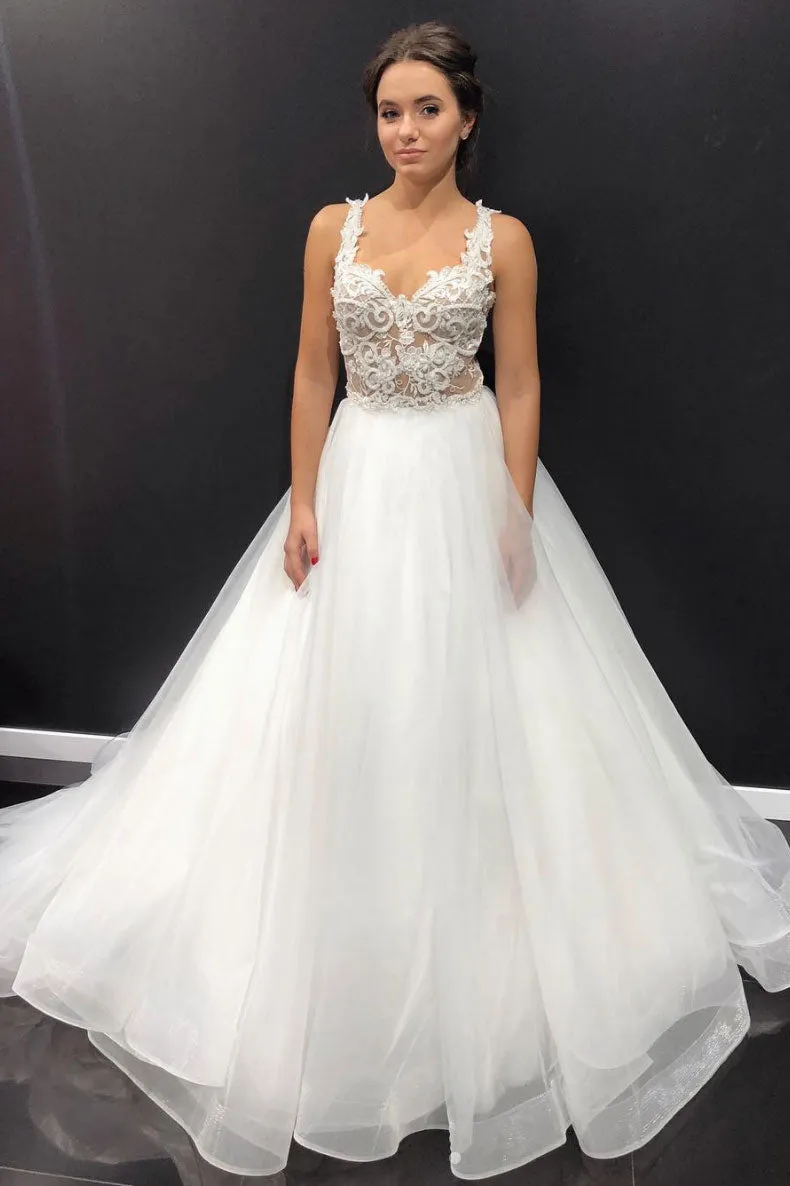 White sweetheart tulle lace long prom dress, white evening dress