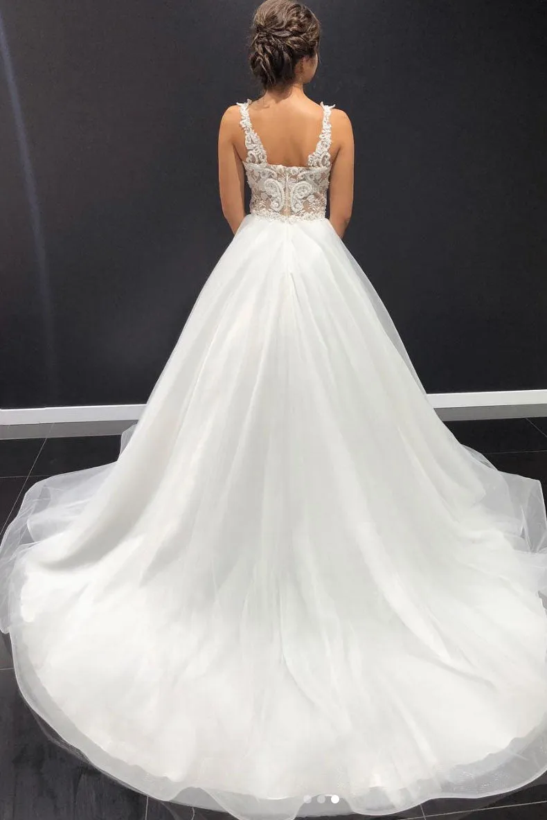 White sweetheart tulle lace long prom dress, white evening dress