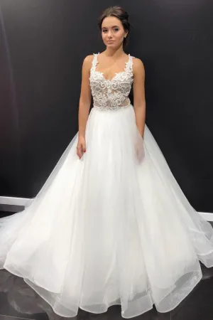 White sweetheart tulle lace long prom dress, white evening dress