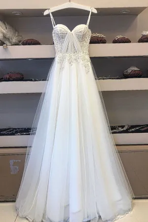 White sweetheart tulle lace long prom dress white lace evening dress