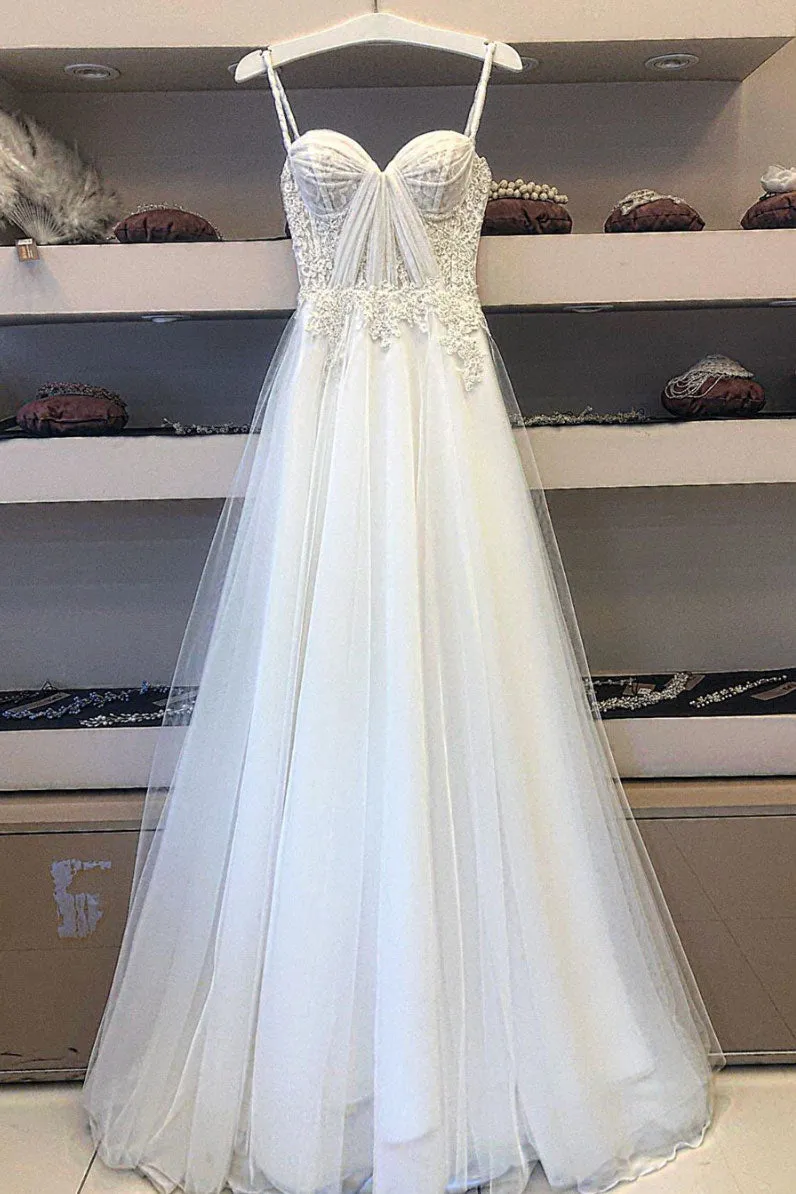 White sweetheart tulle lace long prom dress white lace evening dress
