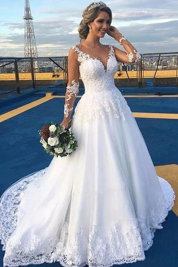 White Tulle A-line Sheer Sleeves Wedding Dresses With Lace Appliques, SW646