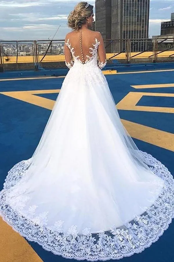White Tulle A-line Sheer Sleeves Wedding Dresses With Lace Appliques, SW646