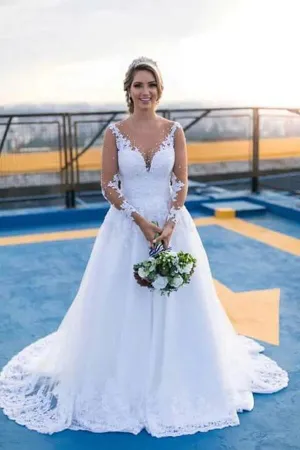 White Tulle A-line Sheer Sleeves Wedding Dresses With Lace Appliques, SW646