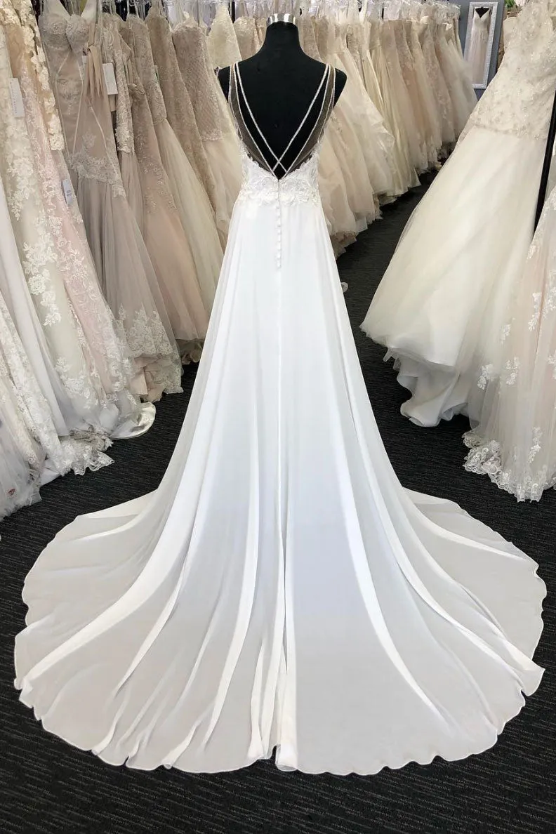 White v neck chiffon lace long prom dress, white evening dress
