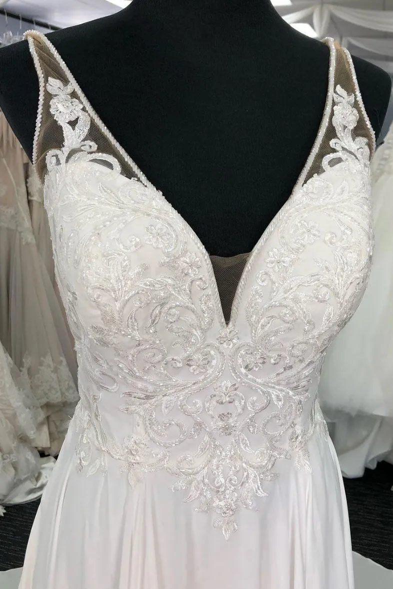 White v neck chiffon lace long prom dress, white evening dress