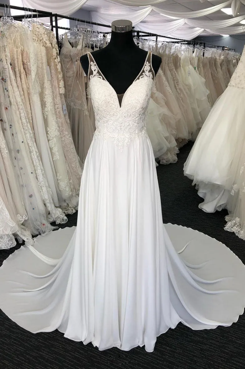 White v neck chiffon lace long prom dress, white evening dress
